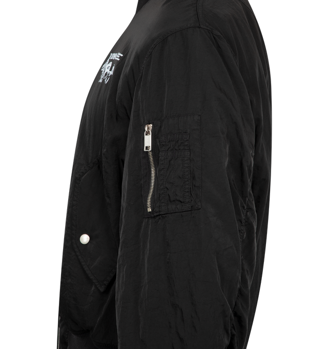 Image 3 of 3 - BLACK - ENFANTS RICHES DEPRIMES Enfants "Video" Bomber Jacket featuring padded nylon, a cropped, drop-shoulder fit with a zip front closure, rib knit stand collar, cuffs, and waist hem, snap closure flap pockets at the waist, a zip pocket at the left sleeve and printed artwork at the front and back. Made in Italy. 