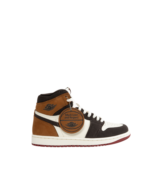 Image 1 of 5 - BROWN - Jordan Men's Air Jordan 1 Retro High OG "Love Letter" Sneakers are crafted from nubuck leather and soft suede. "Much Love and Respect" detailing accents the collar and hangtag, while a perforated toe, classic lace-up closure, foam midsole with Nike Air cushioning, and rubber outsole complete the design. Upper: Nubuck Leather and Suede. Midsole: Foam. Sole: Rubber. 