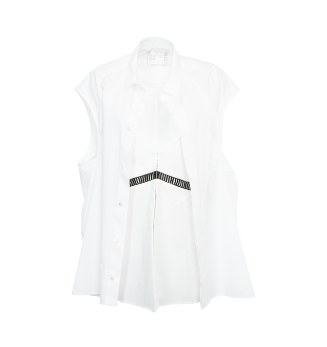 WHITE - SACAI Cotton Poplin Shirt featuring spread collar, button closure, layered and pleats at back. 100% cotton. 