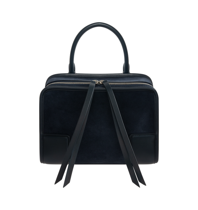Image 2 of 5 - NAVY - LOEWE Small Amazona 180 Bag in suede featuring a relaxed silhouette anchored by a single toron top handle, designed to be carried open, while a concealed closure secures the main compartment, three carry options: short handle, removable shoulder strap and crossbody, zip closure with two leather zip pullers, two compartments, main compartment closed with magnetic closure, internal flat pocket, left side d-ring for customization, suede and nappa lambskin lining, embossed LOEWE and emboss 