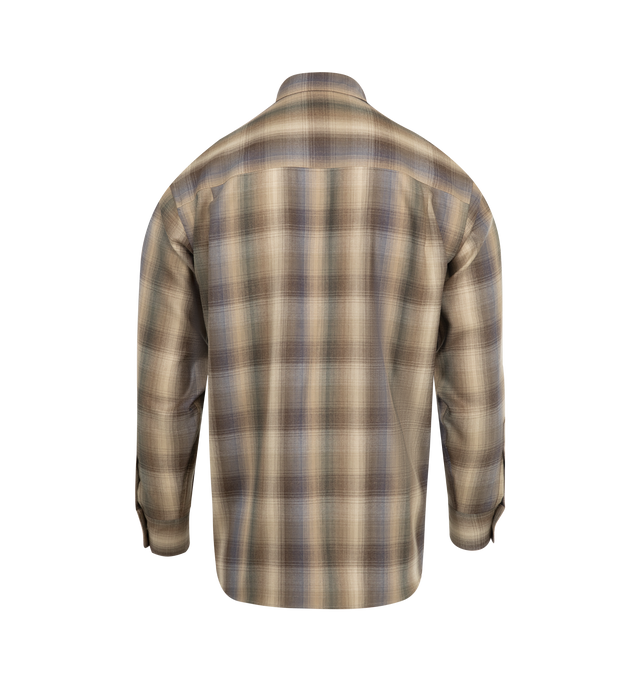 Image 2 of 2 - BROWN - AURALEE Super Light Wool Check Shirt featuring button closure on front, classic collar, patch pocket on chest, buttoned cuffs, curved hem and all-over check pattern. 100% wool. 