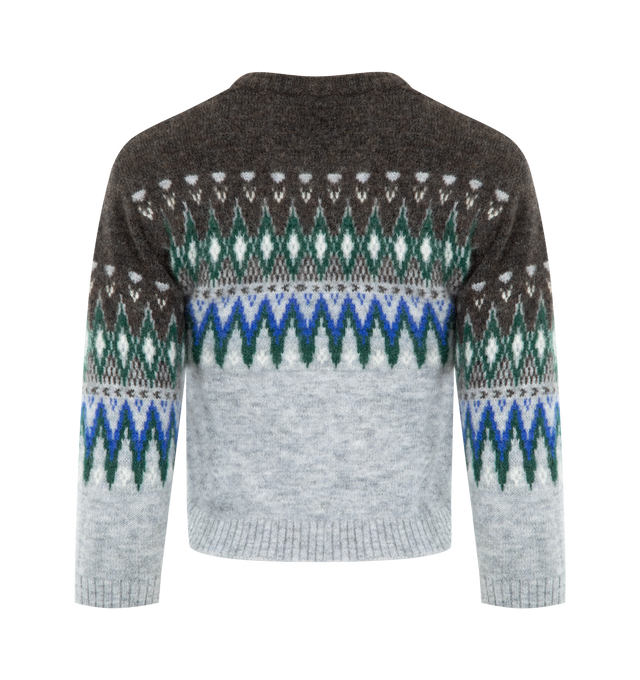 Image 2 of 2 - GREY - ACNE STUDIOS Crewneck Knitted Top featuring a soft mohair blend with a fuzzy texture, a Nordic-style pattern, ribbed collar, cuffs and hem, cut to a fitted silhouette with 3/4-length sleeves and waist-length hem. 27% nylon, 5% elastane, 34% mohair, 34% wool. 