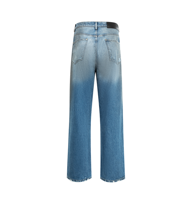 Image 2 of 3 - BLUE - NAHMIAS Dirty Wash Baggy Jeans featuring distressing throughout, loose fit, 5 pocket style and button zip closure. 100% cotton. 