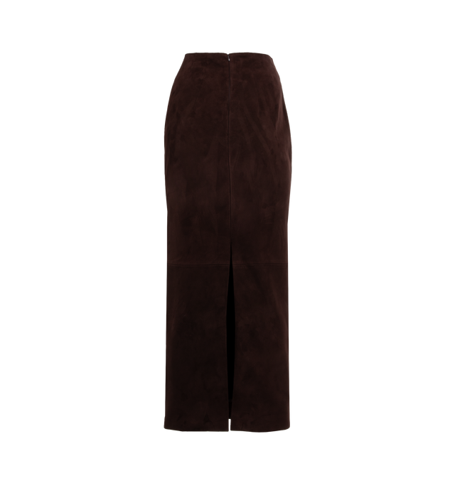 Image 2 of 4 - BROWN - KHAITE Loxley Skirt featuring a high-waisted pencil skirt designed for a corset-like fit and shaped by darts with a high slit and a concealed zipper closure at the back. 100% lambskin. 