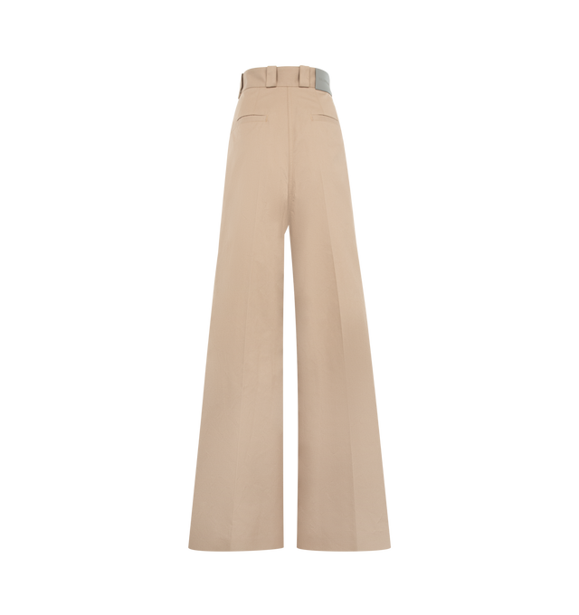 Image 2 of 3 - BROWN - BALENCIAGA High-Waist Pants featuring cotton twill, high-waist, wide, flared legs, covered zip fly with an invisible snap button, 6 belt loops, 2 front slash pockets, 2 back piped pockets, front creased legs and grey leather jacron patch with Balenciaga logo at the back. 100% cotton. Made in Italy.  