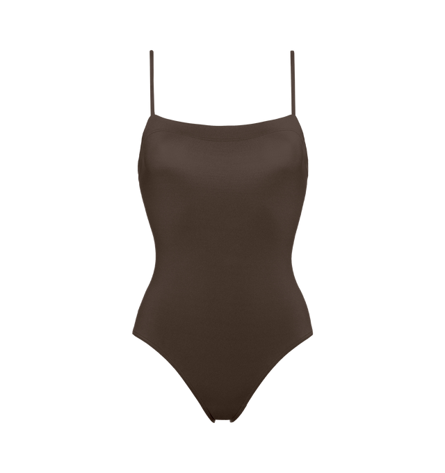 Image 1 of 6 - GREY - ERES Aquarelle Tank One-Piece Swimsuit featuring thin straps, wraparound neckline seam and straight back straps. Main: 84% Polyamid, 16% Spandex. Second: 68% Polyamid, 32% Spandex. Made in France.  
