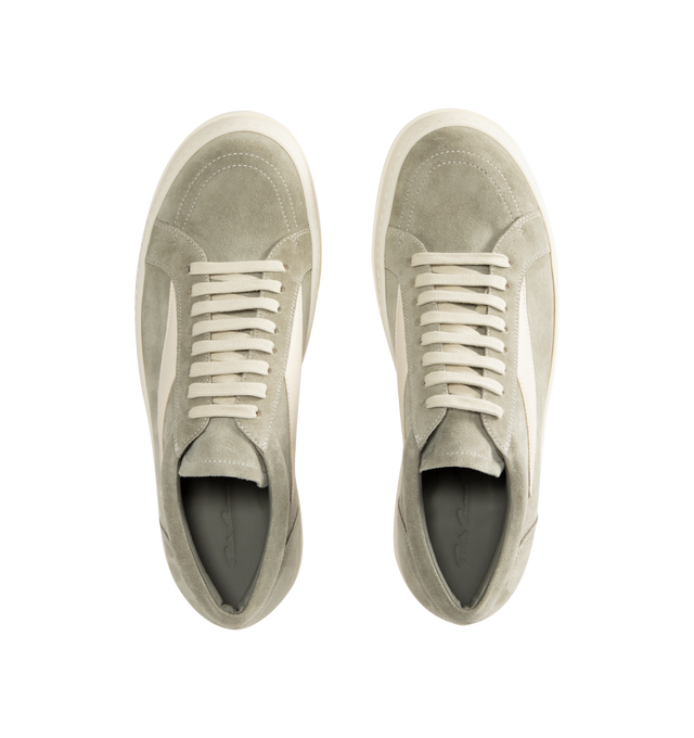 Image 5 of 5 - NEUTRAL - Rick Owens Mens Vintage Sneakers feature a full-grain calf leather and suede upper. Designed with an under-ankle silhouette, eight-eyelet lace-up closure, toe cap, resized triangular leather side appliqu, padded ankle, contrast stitching, and shark-tooth thermoplastic rubber outsole. Upper: 100% Cow Leather; Lateral Details: 100% Calf Leather; Lining: 100% Calf Leather; Insole: 100% Calf Leather; Outsole: 100% Thermoplastic Rubber. Sole Height: 3.5 cm. Made in Italy. 