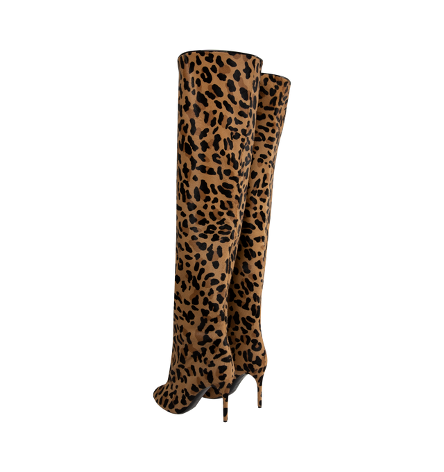 Image 3 of 4 - BROWN - ALAA Decollete Cuissardes crafted from haircalf leather with leopard pattern. Thigh-high boots with a wide and straight shaft for a feminine line, 90mm heel, knee-high length, round toes. Made in Italy. Uooer 100% calf leather, lining 100% lambskin, calf leather and rubber sole.  