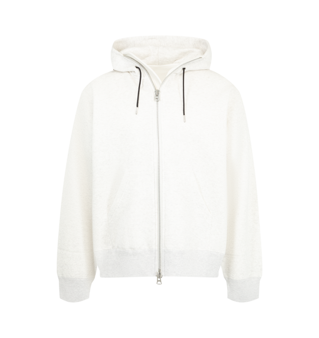 Image 1 of 2 - WHITE - Sacai Mens Cotton Jersey Hoodie is crafted from soft cotton jersey. Features an adjustable drawstring hood, drawstring hem, long sleeves, ribbed cuffs, and a relaxed fit. Main Material: 100% Cotton. Made in Japan. 