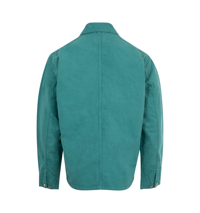 Image 2 of 2 - GREEN - CARHARTT WIP Walter Chore Coat featuring unlined, midweight cotton-linen canvas, garment-dyed, triple-stitched, bartack stitching or rivets at vital stress points, front closure with branded buttons, four front pockets, one of which features a flap and button closure, a woven Square Label, inside chest pocket and adjustable cuffs and waist. 58% cotton, 42% linen. 