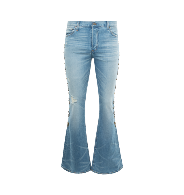 Image 1 of 3 - BLUE - COUT DE LA LIBERTE Jimmy Sioux Denim Motor Embellished Flare Jeans featuring button front closure, 5 pocket styling, studs embellishment and flared hem. 98% cotton, 2% elastane. Made in USA.