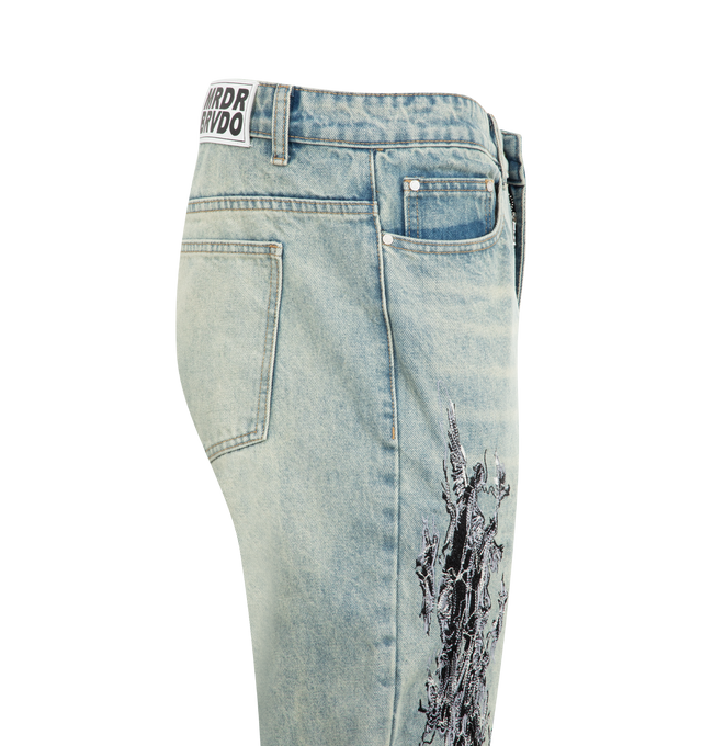 Image 3 of 3 - BLUE - WHO DECIDES WAR Scratched Denim Pant featuring faded denim, five-pocket style, embroidery throughout, straight legs and full length. Cotton. 