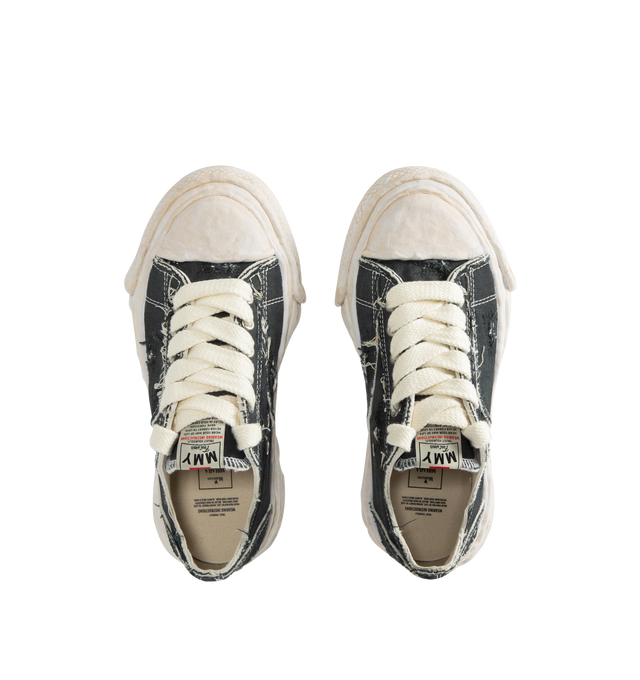 Image 5 of 5 - BLACK - Maison Mihara Yasuhiro Men's Peterson23 Sneakers feature the brand's signature hand-sculpted OG sole, a ripped overdye canvas upper, and a relaxed low-top silhouette for a bold contemporary look. Designed for the Spring/Summer 2026 collection, these designer sneakers combine Maison Mihara Yasuhiro's experimental aesthetic with a wider fit, layered overdye finish, distressed detailing, and a three-dimensional rubber toe cap that echoes the sculptural sole. Intentional fading and distre 