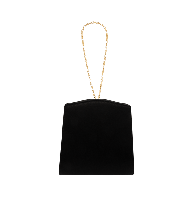 Image 2 of 3 - BLACK - SAINT LAURENT Evening Mini Bracelet Bag in satin featuring small pouch decorated with a hammered cassandre jewel set with sunstone and tiger's eye gemstones, satin lining, snap-button closure and bronze-tone hardware. It may be carried by hand or worn as a bracelet on the wrist with chain strap. 5.7" x 5.5" x 2". Strap drop: 5.9". Viscose, silk, brass. Made in Italy. 