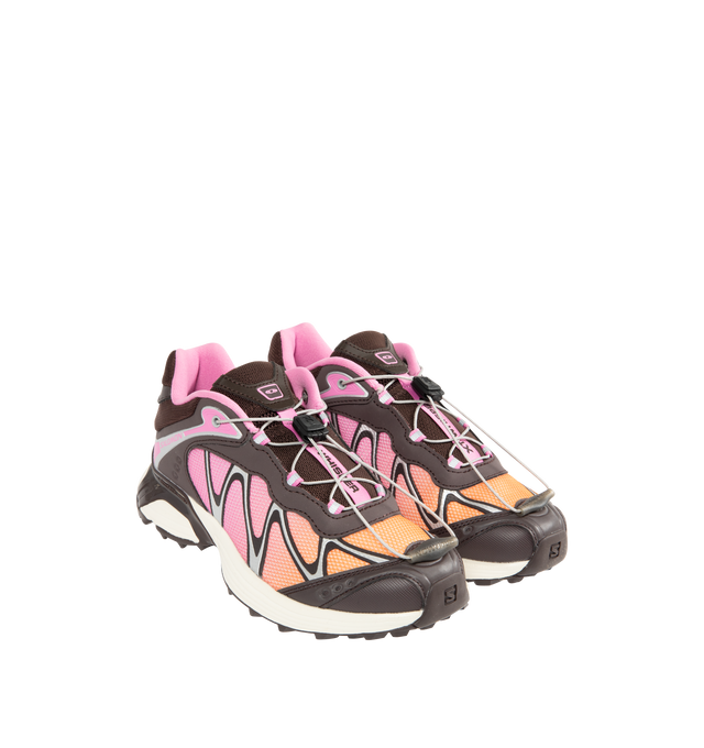 Image 2 of 5 - PINK - SALOMON XT-Whisper Sneaker featuring mesh upper, TPU overlays, padded collar, rubberized toecap with Salomon branding, Salomon patch on tongue, XT-Whisper branding on tongue, Salomon branding at rear, quickLACE with toggle and lace pocket, OrthoLite insole, SensiFit midsole and traction rubber outsole. 