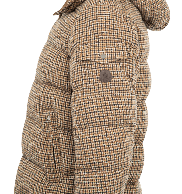 Image 4 of 4 - BROWN - MONCLER Montgenevre Wool Blend Boucl Hooded Short Down Jacket featuring wool blend boucl, Airsoft lining, down-filled, detachable and adjustable hood, zipper and snap button closure, zipped pockets, adjustable cuffs and hem with drawstring fastening. 58% wool, 24% polyamide/nylon, 18% lyocell. Lining: 100% polyester. Padding: 90% down, 10% feather. Made in Romania. 