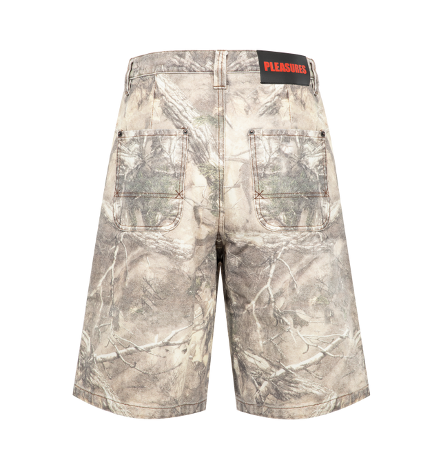 Image 2 of 3 - NEUTRAL - PLEASURES Hunt Canvas Jorts featuring snap closure, front pocket detail, enzyme washed, leather patch and woven label. 100% cotton printed camo canvas. 