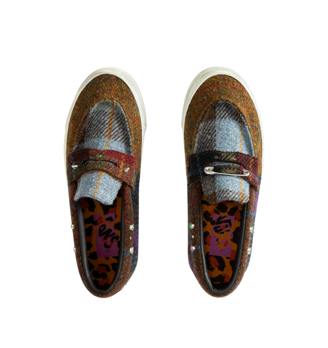 Image 5 of 5 - MULTI - Vans Unisex Premium Harris Tweed Loafer 53 Shoes are crafted from Harris Tweed woven from 100% virgin wool and feature a skate-inspired loafer silhouette, a leather upper, and removable metal charms for customizable styling. Designed with safety pin, jewel, and stud embellishments, a padded collar, and stud detailing at the tongue. Main Material: Harris Tweed 100% Virgin Wool and Leather. Outsole: Rubber. Details: Removable Metal Charms, Safety Pins, Jewel and Stud Embellishments, Stu 