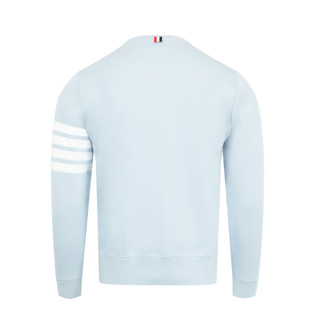 Image 2 of 2 - BLUE - THOM BROWNE Classic Loopback 4-Bar Sweatshirt featuring crew neckline with v patch, engineered 4-bar stripe detail at left sleeve, name tag applique above hem, buttoned side vents with signature striped grosgrain trim and signature striped grosgrain loop tab at back of neck. 100% cotton. Made in Japan. 