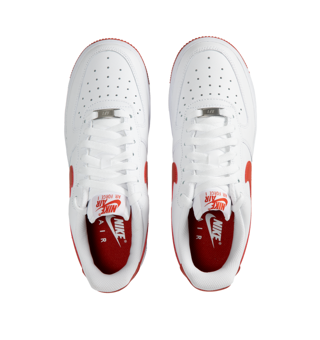 Image 5 of 5 - WHITE - NIKE Air Force 1 '07 lace-up sneakers in white with Dragon Red swoosh featuring padded collar, leather and textile upper, textile lining and Dragon Red rubber sole. 