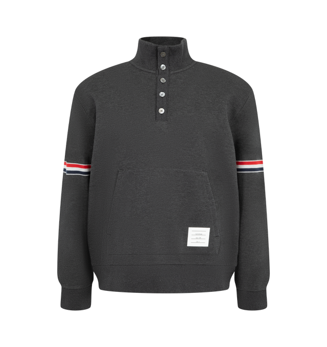 Image 1 of 2 - GREY - Thom Browne Men's Funnel Neck RWB Pique Loopback Sweatshirt is crafted from loopback cotton terry and features a rib-knit stand collar with a button placket for a refined take on a casual staple. Signature tricolor trim accents the sleeves, while a logo patch at the front hem and Thom Brownes signature tricolor loop tab at the back collar complete the design. Main Material: 100% Cotton. Made in Japan. 