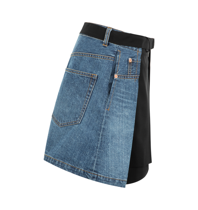 Image 3 of 3 - BLUE - SACAI Wool Suiting x Denim Shorts featuring a suiting-inspired panel, zipper, hook fastening, belt loops and adjustable belt. 100% wool. 100% cotton. Lining: 100% cupro. Made in Japan. 