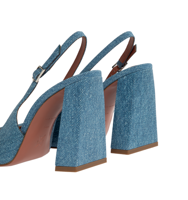 Image 3 of 4 - BLUE - AMINA MUADDI Charlotte sligbacks crafted from suede with denim print featuring 95mm block heel, silver buckle, squared toe. Made in Italy. 100% Nubuck upper with 100% goat leather lining and 70% leather / 30% rubber sole.  
