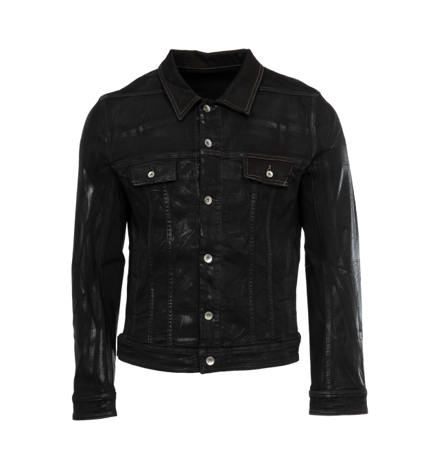 BLACK - DARK SHADOW Denim Trucker Jacket featuring wax coated, bonded seams, strap detailing, spread collar, front button fastening, long sleeves, two button-fastening, chest pockets and straight hem. 91% cotton, 6% polyester, 3% elastane. Lining: 100% cotton.
