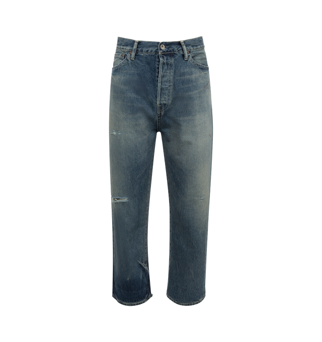 Image 1 of 2 - BLUE - Chimala Selvedge Denim Wide Tapered Cut jeans from medium blue vitage wash crafted from Japananese selvedge non-stretch denim, distressed and faded throughout. Five pocket styling with a relaxed fit through the hips. Mid-rise waist. Button fly. Leather logo patch in back. 100% Cotton. Made in Japan. 