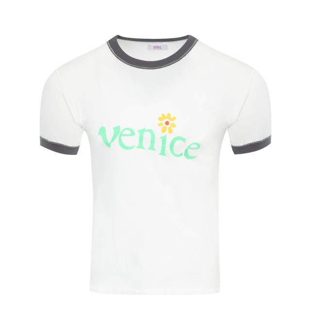 Image 1 of 2 - WHITE - ERL Venice T-Shirt featuring rib knit crewneck and cuffs, short sleeves and text printed at chest and back. 100% cotton. Made in Turkey. 