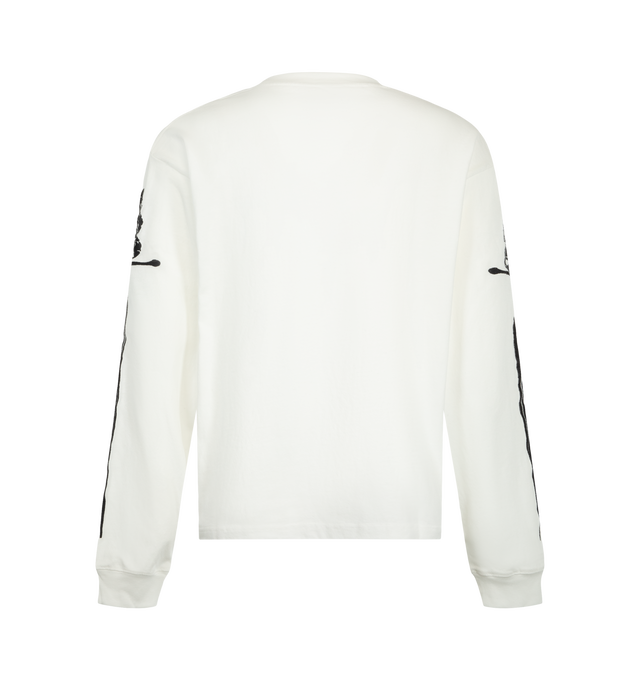 Image 2 of 3 - WHITE - Pleasures Men's Luster Heavyweight Long Sleeve T-Shirt is crafted from cotton and features a minimalist logo graphic at the center chest. Designed with a classic crewneck silhouette, the style is detailed with contrasting graphic prints along both sleeves and finished with rib-knit cuffs. Main Material: Cotton 