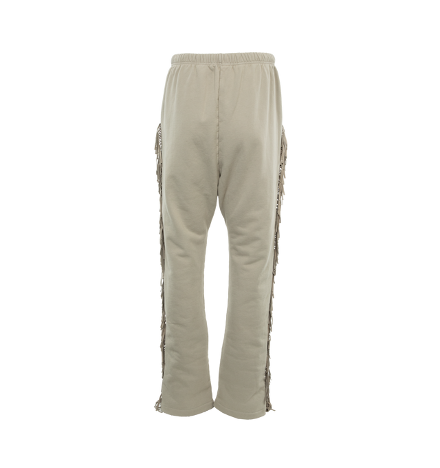 Image 2 of 4 - GREY - FEAR OF GOD Fringe Sweatpants featuring cotton fleece, fringe suede trim throughout, drawstring at elasticized waistband, two-pocket styling and rubberized logo patch at front. 100% cotton. Trim: 100% leather. Made in United States. 