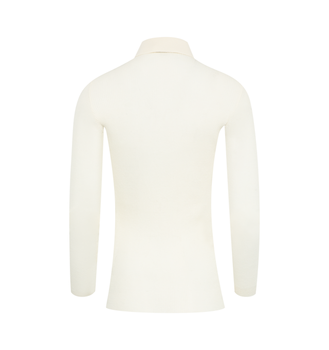 Image 2 of 3 - WHITE - MONCLER Ribbed Polo Shirt featuring point collar, button placket, long sleeves, embroidered logo patch at left sleeve, fitted, hem sits at the hip and pullover style. Cotton/nylon/polyamide. 