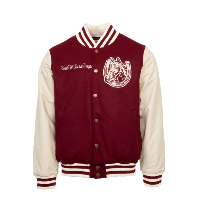 Image 1 of 4 - RED - ONE OF THESE DAYS HORSE SHOE CARDINAL VARSITY featuring blade collar, leather sleeves, embroidered patch and striped trim and lined. 100% wool with leather contrast.  
