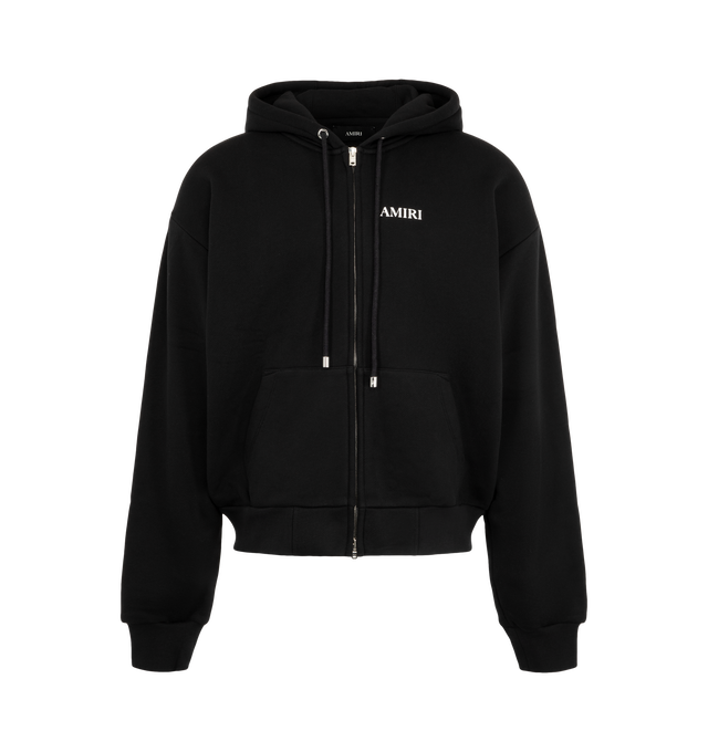 Image 1 of 2 - BLACK - Amiri Mens Zip-Up Hoodie is crafted from cotton jersey. Features a relaxed fit, front zip closure, adjustable hood, kangaroo pocket, ribbed cuffs and hem, and signature AMIRI logo graphic. Main Material: 100% Cotton. Made in USA. 