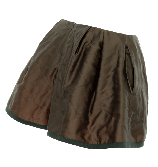 Image 3 of 4 - BROWN - SACAI Satin Quilted Shorts featuring two side pockets, zipper closure, quilted and wide legs. 