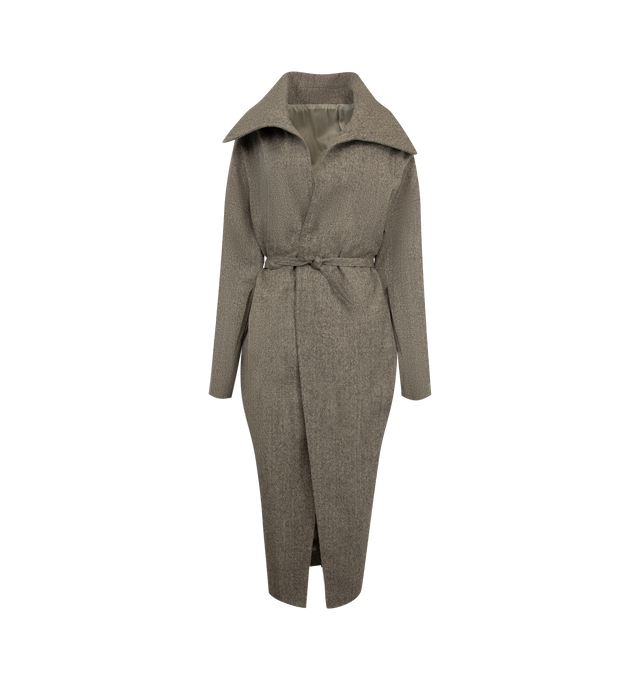 Image 1 of 3 - GREY - Rick Owens Women's Dracucollar Belted Coat is crafted from medium weight melange wool and features a below-knee silhouette with an extended draped collar and dropped shoulders. Designed with a wrap-front closure secured by an attached belt, the coat is finished with concealed forearm zip pockets, side seam pockets, a back slit, and internal zip pockets. Main Material: 100% wool. Lining: 100% cupro. 