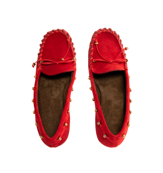 Image 4 of 4 - RED - KHAITE Milly Pump featuring velvety suede, tubular construction, tonal whipstitching and grommeted lacing threaded by hand with gold beads. Lined in suede. 100% calfskin. 