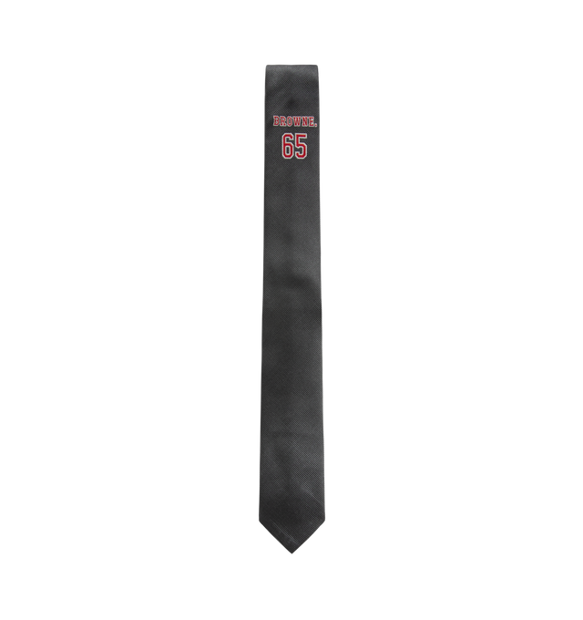 Image 2 of 2 - GREY - THOM BROWNE Silk Browne 65 Tie featuring RWB grosgrain trim and name tag appliqu. 100% silk. Made in Italy. 