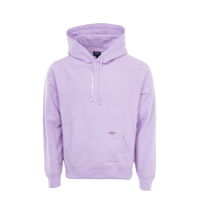 Image 1 of 3 - PURPLE - NOAH Classic Hoodie featuring brushed-back fleece, kangaroo pocket, hood with drawstring, ribbed hem and cuffs and logo embroidery on pocket. 100% cotton. Made in Canada. 