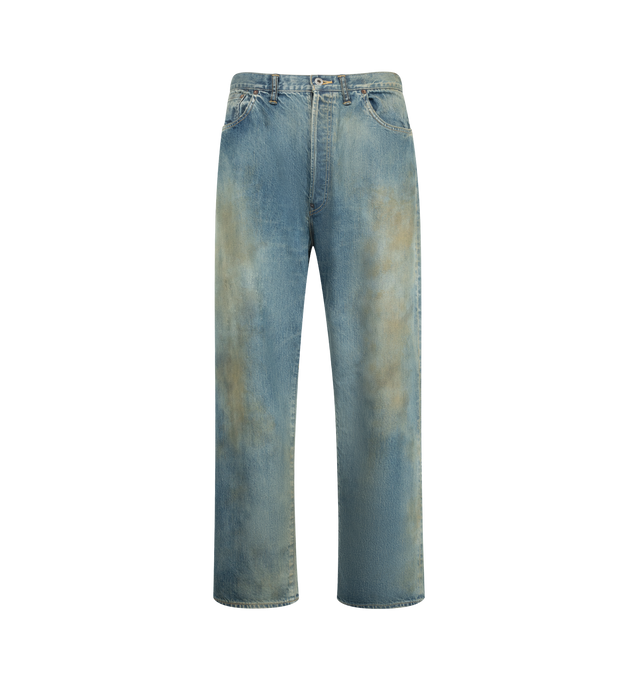 Image 1 of 3 - BLUE - A.Presse Men's Wide Denim Trousers are crafted from 100% cotton denim and feature a relaxed wide-leg silhouette enhanced by a washed treatment for a distinctive lived-in character. Designed with classic denim construction, the trousers develop unique variations in appearance, texture, and sizing through the specialized washing process. Finished with iron tack buttons that naturally evolve with wear, this style reflects A.Presse's commitment to authentic vintage-inspired craftsmanship.  