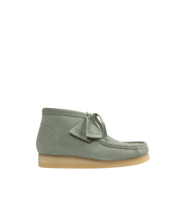 Image 1 of 4 - GREEN - CLARKS Wallabee Boot featuring suede upper, breathable leather lining, part-recycled natural rubber pebble crepe sole and finished with two fobs (Clarks Originals and Wallabee). 