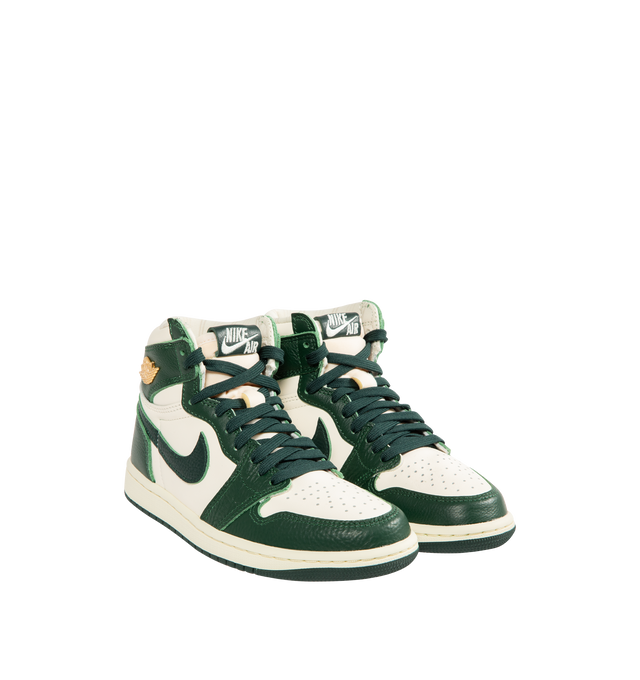 Image 2 of 5 - GREEN - JORDAN Air Jordan 1 Retro High OG Sneaker featuring brushed gold Wings logo, woven Nike Air tongue label, classic lightweight cushioning, padded collar and pristine finishes. 