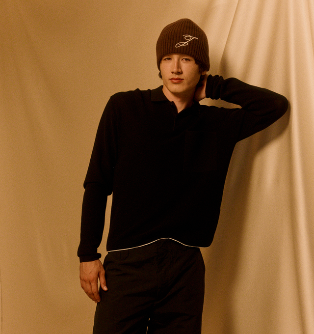 Image 2 of 2 - BROWN - JACQUEMUS Le Bonnet Espiral Merino Wool Beanie featuring ribbed knit, extrafine Italian wool and embroidered with monogram. 100% merino wool. Made in Italy. 
