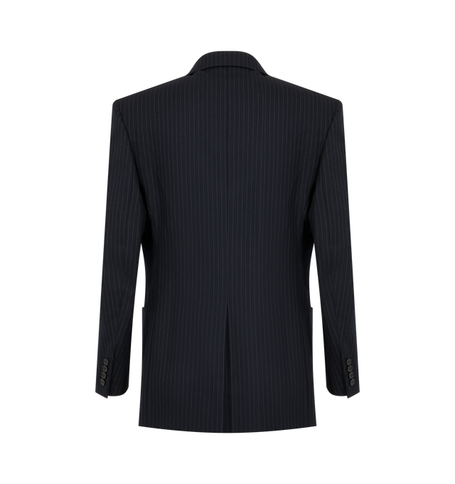 Image 2 of 2 - BLUE - Saint Laurent Mens Double-Breasted Jacket is crafted from certified virgin wool. Features a double-breasted four-button closure, peaked lapels, padded shoulders, four-button cuffs, two front patch pockets, two interior jetted pockets, single back vent, and signature Cassandre embroidery at the interior. Main Material: 100% Virgin Wool; Bodice Lining: Silk; Sleeve Lining: Viscose. Made in Italy. 