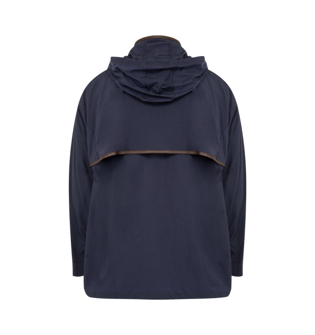 Image 2 of 3 - NAVY - LOEWE PAULA'S IBIZA Hooded Jacket in lightweight technical textured micro ripstop featuring a back vent, relaxed fit, regular length, hooded straight collar with drawstring, leather-trimmed zip front fastening with leather puller, leather-trimmed elasticated drawstring hem, lined hood, seam zipped pockets, leather chest patch pocket, leather-trimmed snap button cuffs and anagram embossed on the chest pocket. Polyamide. Made in Italy. 