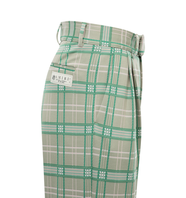 Image 3 of 3 - GREEN - AMIRI Plaid Double Pleat Pants featuring hook and zip closure, side pockets, front pleats, back pockets, back logo patch and wide leg. 100% viscose. 