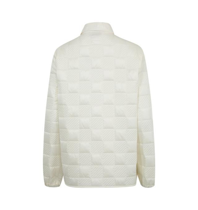 Image 2 of 3 - WHITE - Moncler Quilted Shirt Jacket has a 2-way zipper closure, spread collar, elastic cuffs, logo patch, and welt pockets. Nylon, polyamide, polyester. Made in Romania.  