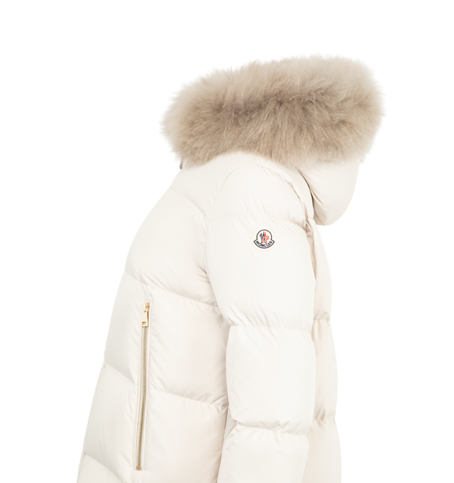 Image 4 of 4 - WHITE - MONCLER Laichefur Hooded Shearling-Trimmed Short Down Jacket featuring brushed polyester, longue saison lining, down-filled, hood with detachable long-haired sheepskin trim, zipper closure and zipped pockets. 100% polyester. Lining: 100% polyamide/nylon. Padding: 90% down, 10% feather.  