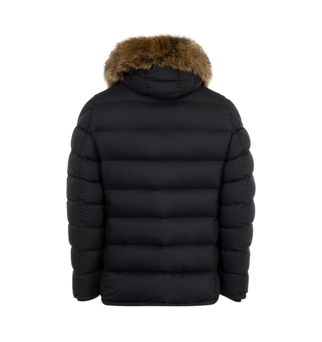 Image 2 of 3 - BLACK - Moncler Clunye Hooded Mid-Length Down Jacket has a detachable and adjustable hood with synthetic trim, a zip and snap button closure, snap pockets, and zip pockets. Lined. Down filled. 100% polyamide exterior. Made in Armenia.  